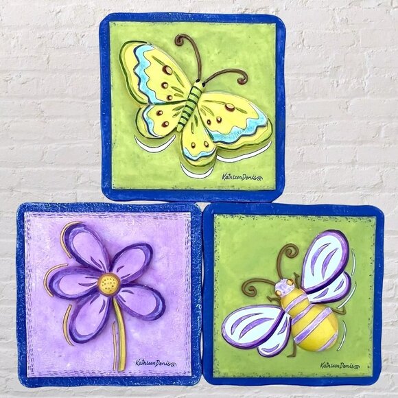 Kathleen Denis Wall‎ Plaques Hanging Art Butterfly Bee Flower 5 1/2" Set of 3 - Picture 1 of 9